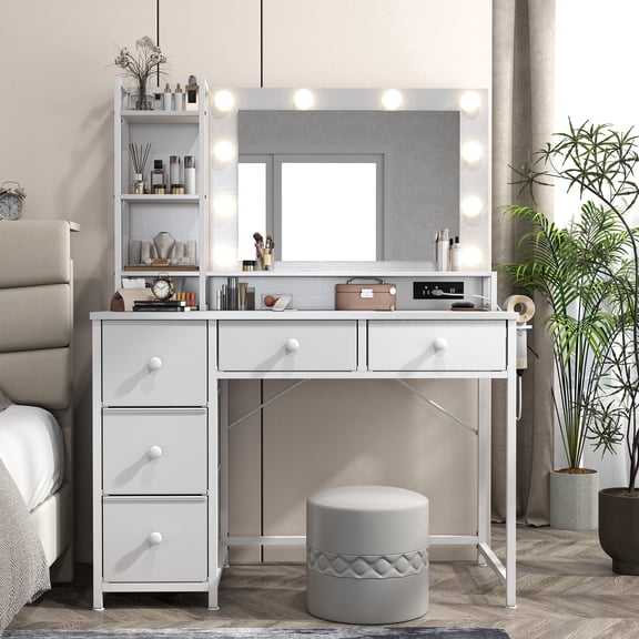 White Vanity with Mirror and Lights Makeup Vanity Desk with 5 Fabric Drawers Dressing Table with Storage Drawers for Bedroom