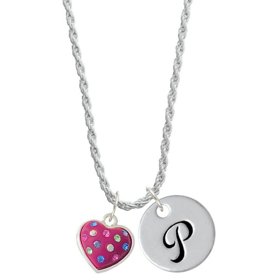 Delight Jewelry Silvertone Hot Pink Resin Heart in Frame Silvertone Script Initial Disc - P - Charm Necklace, 20"+3"