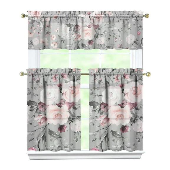 Pioneer Kitchen Curtains and Valance Set 36 Inch Tier Pastel Grey Flower Floral Print 3 Pieces Set Dining Room Small Curtain Drapes Cafe Curtains Valance for Home Decor Rod Pocket