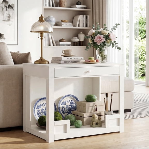 CLIPOP Wide Farmhouse Console Table with Storage, White Modern Accent Sofa Table with Drawer Behind Couch, Coffee Bar/TV Stand, Entryway Table with Open Shelf, for Living Room/Front Hall