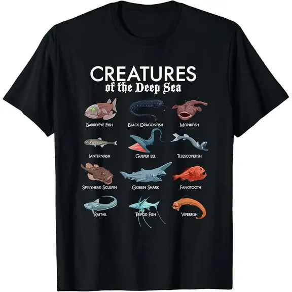 Deep Sea Creatures Chart Rare Fish for Unisex Gift for Oceanographer Graphic Cotton T-Shirt