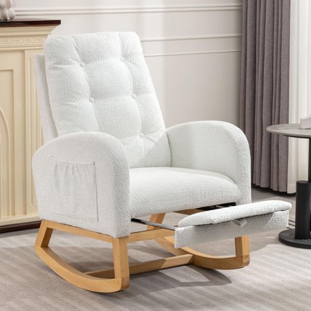 Domiluxe Rocking Chair with Foot Rest,Nursery Glider Teddy Gliding Rocking Chair with Retractable Footrest and Rubber Wood Legs,Nursing Chair with Side Pocket for Living Room,White