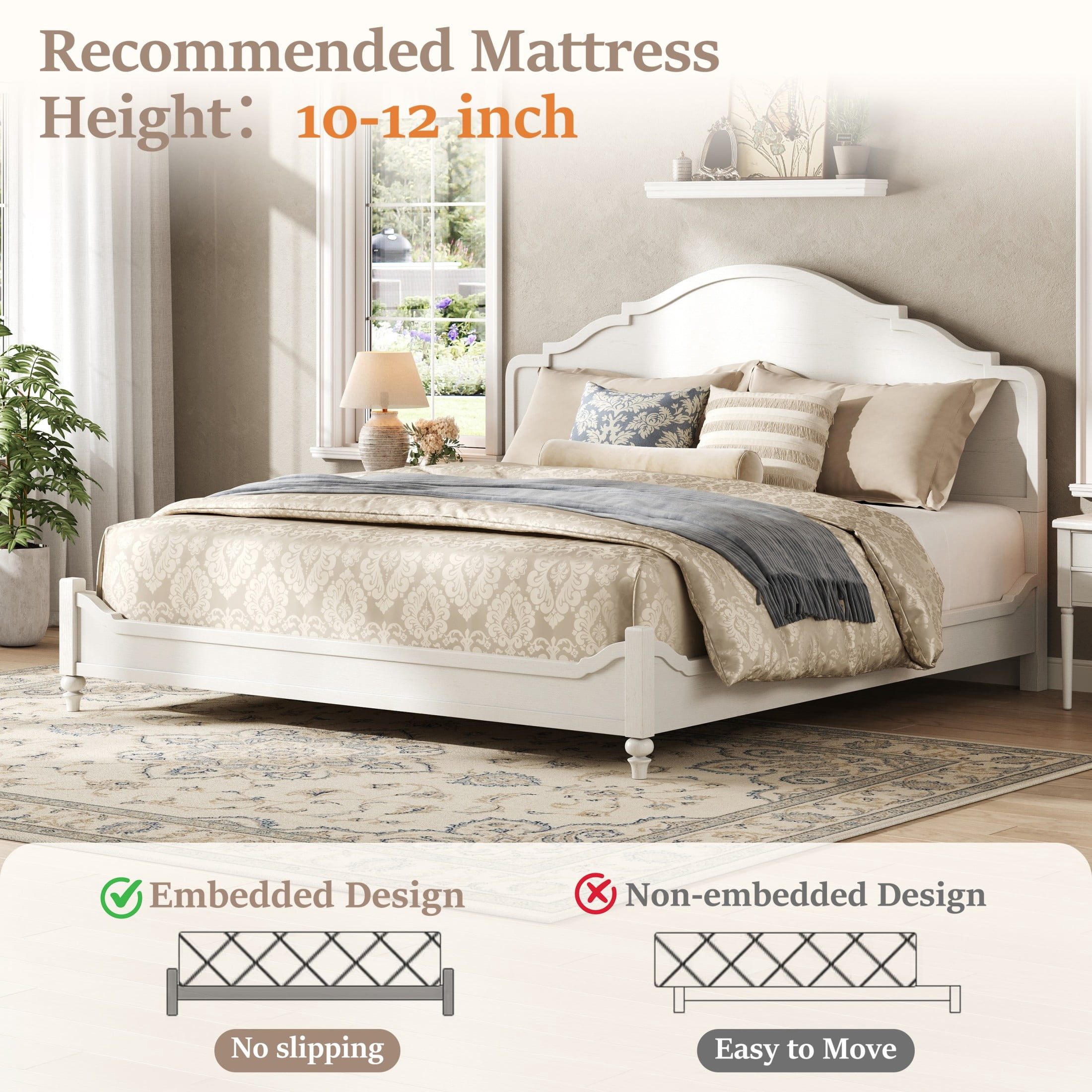 Christopher Knight Home Farmhouse King Wood Platform Bed with Curved Headboard, Turned Legs, White