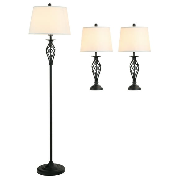 Roninkier  3 Piece Table Floor Lamp Set with Metal Pole, Round Base, and Fabric Lampshade, for Living Room, Black/White