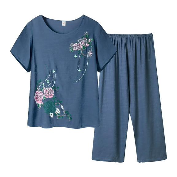 BLOCLOALO 2 Piece Lounge Set Short Sleeve Shirts Women's Summer Cotton and Linen Breathable and Comfortable Short Sleeved Pants Two Set Elderly Floral Print Suit Trendy Sets Casual Sets Blue Xxl