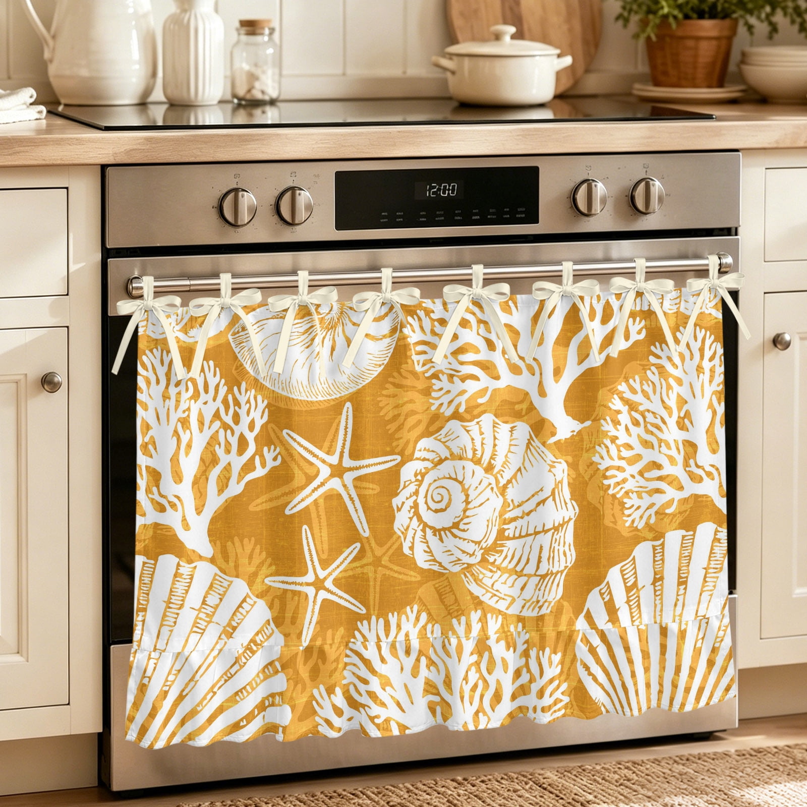 Oven Skirt Curtain for Kitchen 21.5x30 Inch Orange Yellow Starfish Coastal Oven Curtain with 8 Ribbon Ties & Ruffle Trim Stove Skirt Curtain Dishwasher for Cabinets Ocean Nautical Beach Coral Shell