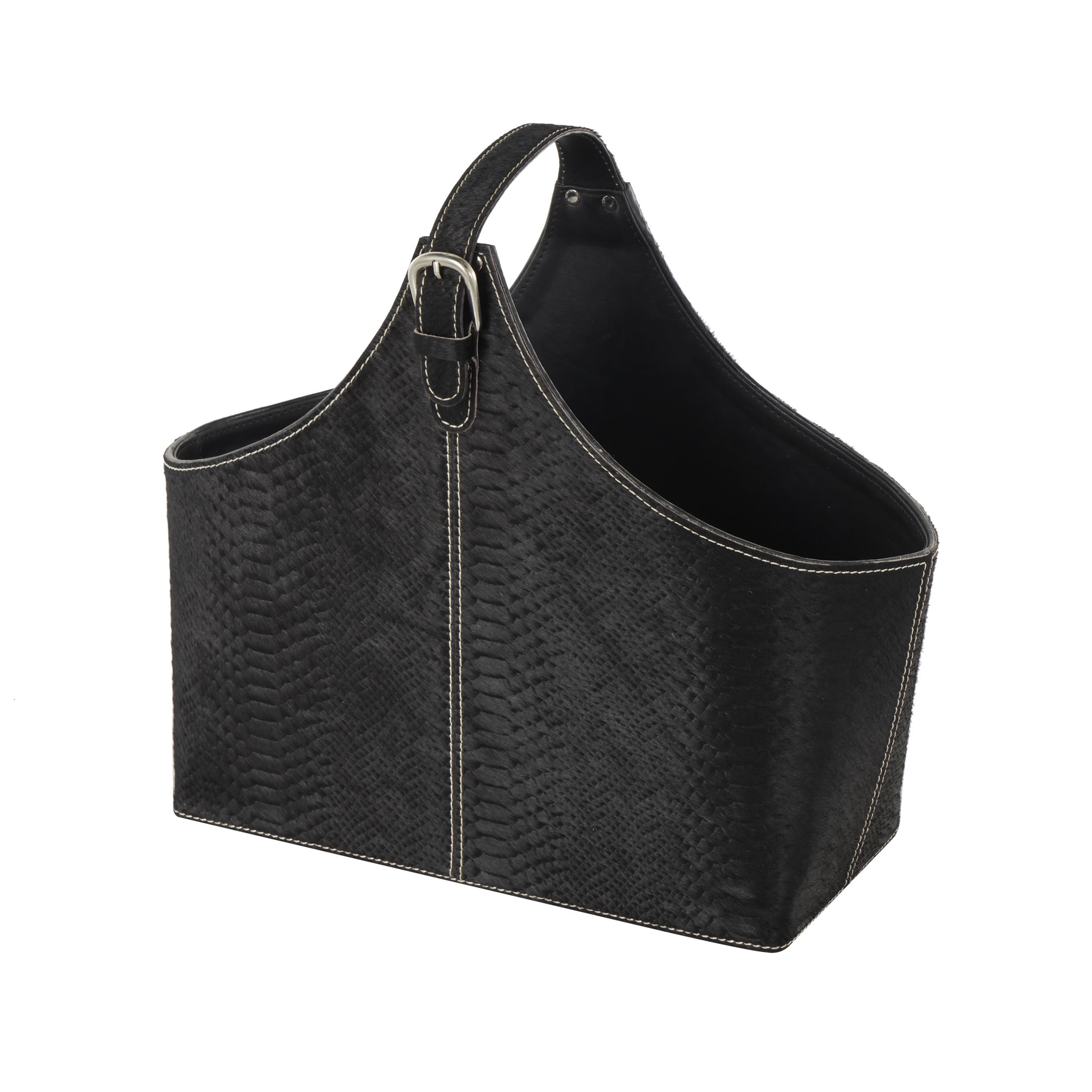 DecMode 15" Black Leather Handmade Box Style Magazine Holder with Detail Stitching and Curved Buckle Handles