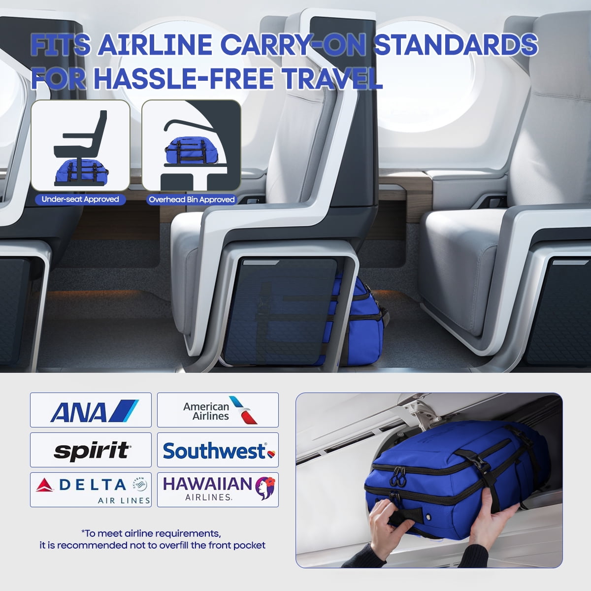 17" Underseat Carry On Luggage Airplane Approved,Water Resistant Softside Rolling Suitcase Lightweight Personal Item Travel Bag,Blue - TA069