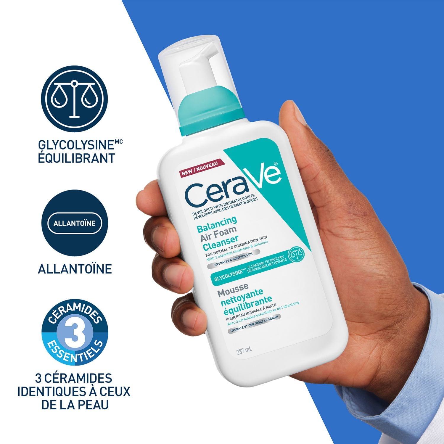 CeraVe Nettoyant Moussant Équilibrant, Gel Avancé avec Technologie Glycolysine pour Peau Normale à Mixte, 237 ml