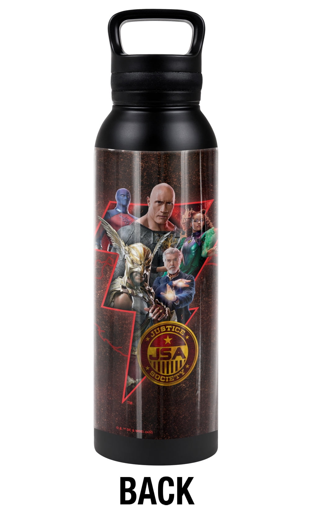 Black Adam Official Character Bolt Black 24 oz Insulated Canteen Water Bottle, Leak Resistant, Vacuum Insulated Stainless Steel with Loop Cap
