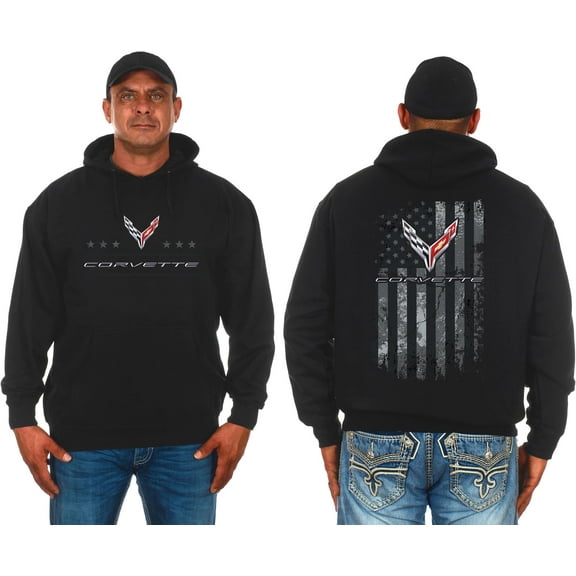 JH Design Men's Chevy Corvette C8 Pullover Hoodie American Flag 2 Sided Sweatshirt