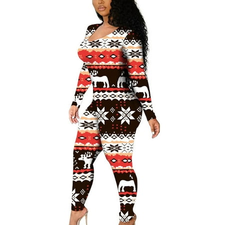 

Paille Women Christmas Long Sleeve Onesie Pajamas Hollow Out Long Romper Jumpsuit