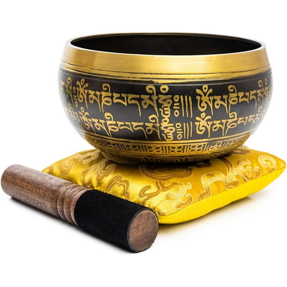 Tibetan Singing Bowl Set - Easy To Play Authentic Handcrafted For Meditation Sound Chakra Yoga Healing 4 Inches By Himalayan Bazaar (Black & Yellow)