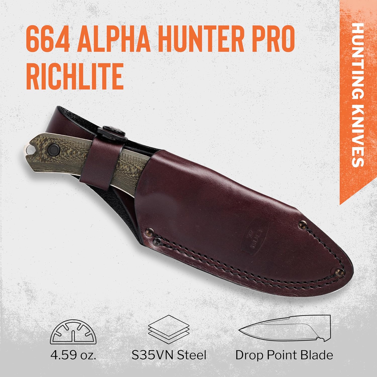 Buck Knives 664 Alpha Hunter Pro Hunting Knife, 3-5/8" Fixed Blade, Textured Richlite Handle, 4.59 oz