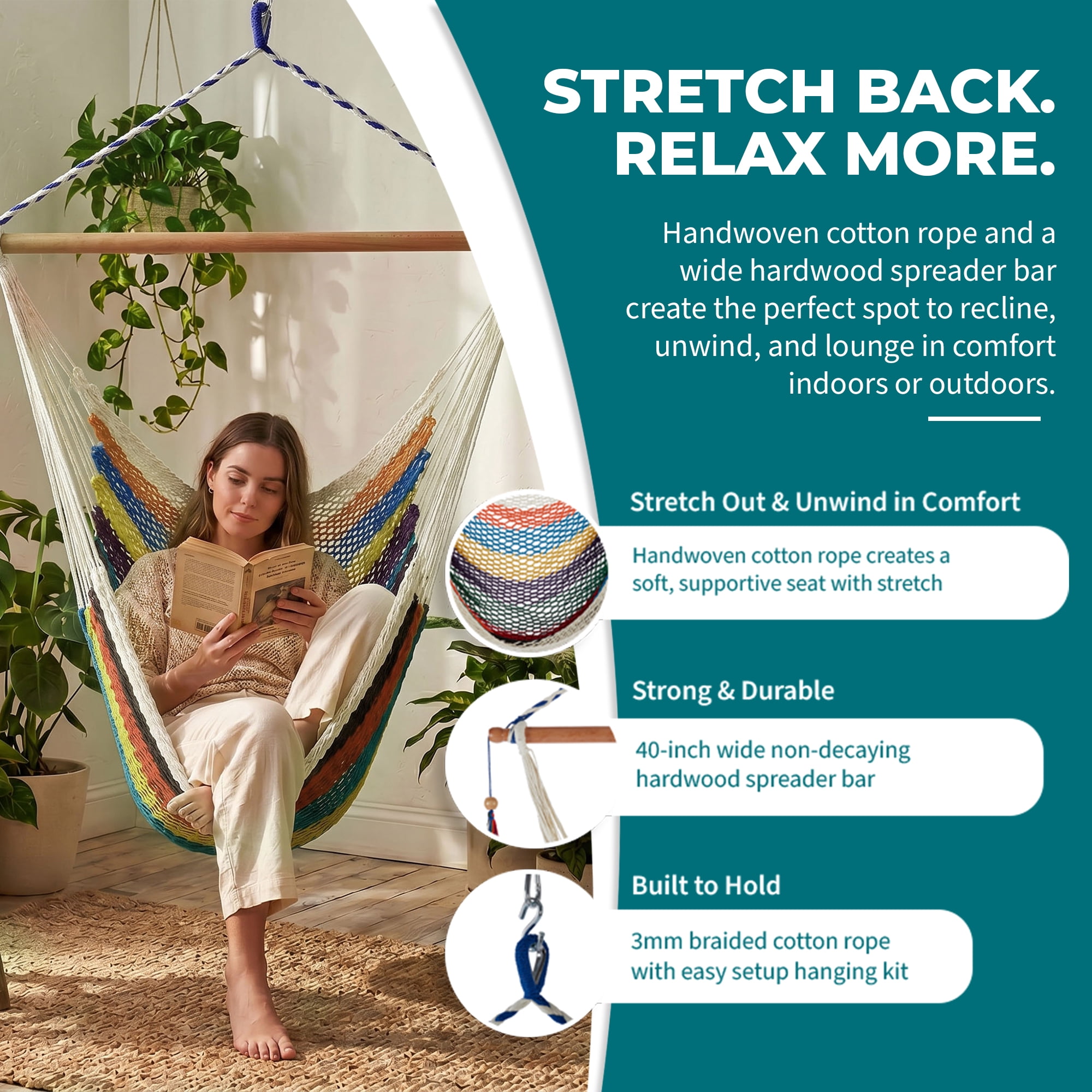 Bliss Hammocks Island Rope Hammock Chair W/ Spreader Bar - Multi-Color, 60" L x 40" W