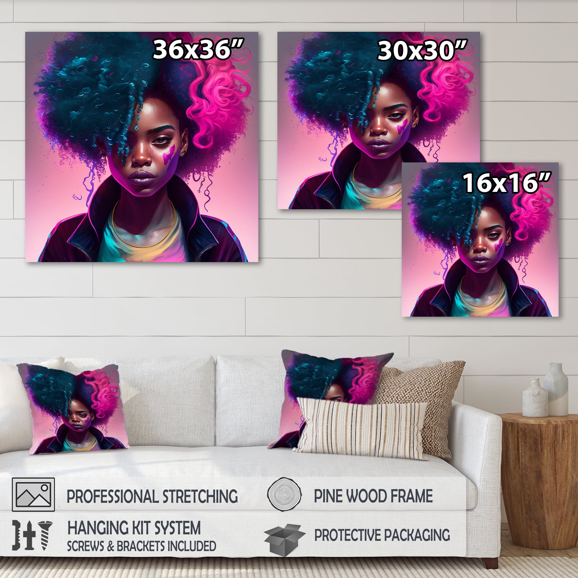 Designart Fashion Hip Hop Girl In Pink And Blue IV Canvas Wall Art