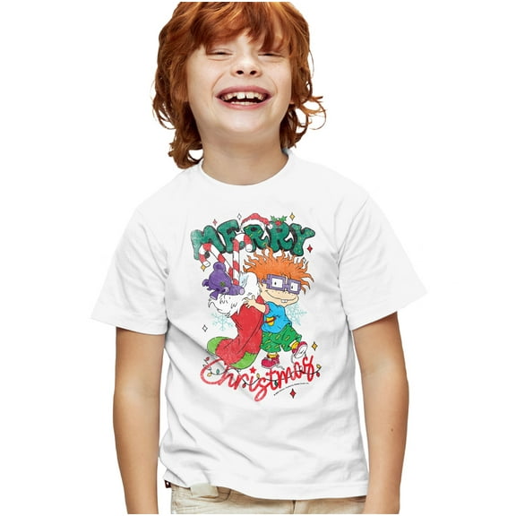 Rugrats Chuckie Christmas Stocking Kids T Shirt for Youth Boys and Girls, White, X-Large