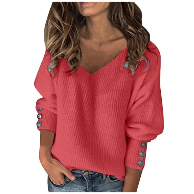 MSJUHEG Hauts pour Femmes Hauts à Manches Longues Mode Patchwork Uni Col en V T-Shirt Ample Blouse Hauts d'Automne Rouge Pastèque m