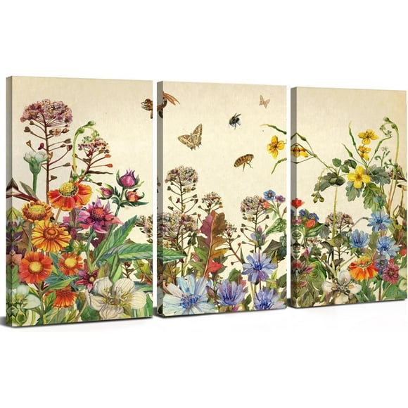 Nature Wall Decor Floral Butterfly Canvas Vintage Bee Wildflower Pictures for Living Room Scenery Paintings Colorful Flower Posters Framed Artwork Bedroom Bathroom Home Decoration 12x16” 3Pcs
