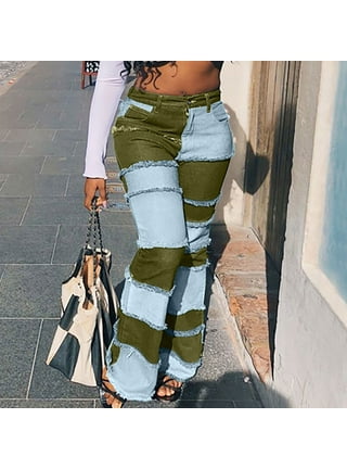 pbnbp Cargo Jeans for Women High Elastic Waist Activewear Stretch Denim  Pants Casual Straight Wide Leg Utility Military Trousers with Pockets on