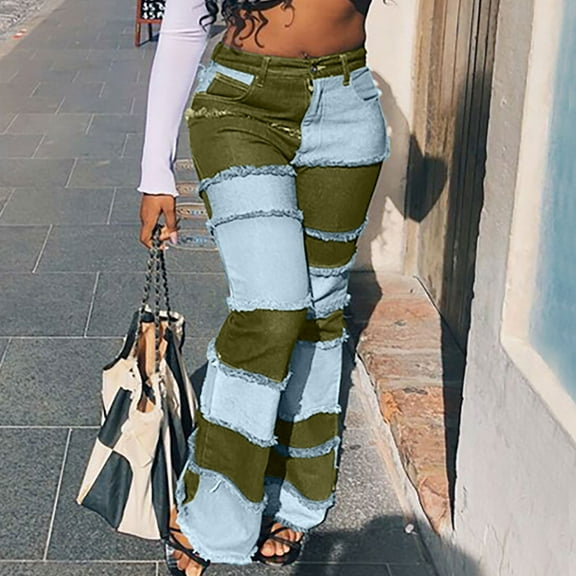 GaThRRgYP Womens Plus Size Pants,Women's Tight Fashion Color Blocking High Waist Tight Hip Flare Jeans