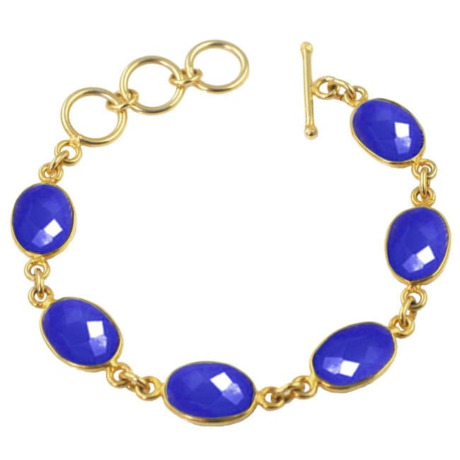 Sacred Jewels Alchemy Jewelry Gold Overlay Blue Chalcedony Oval Gemstone Bracelet by Overstock