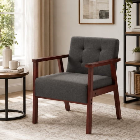 DEALTOPS Wood Accent Armchair, Linen Upholstered Tufted Chair for Living Room Bedroom Office, Charcoal Gray