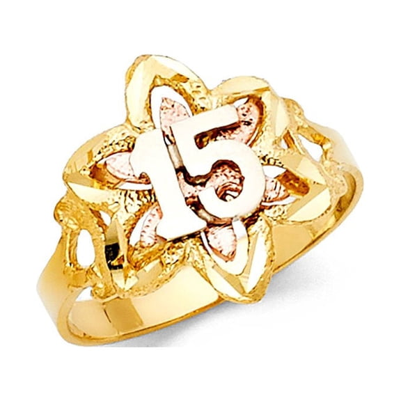 14k Two Tone Italian Gold Satin Floral Quinceañera 15 Años Ring 15mm