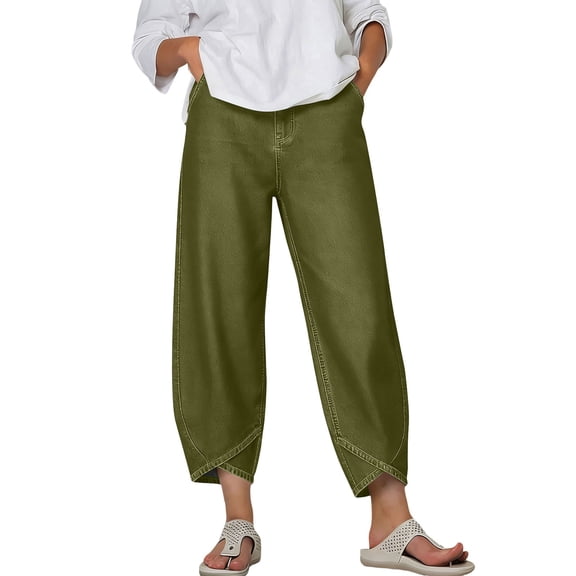 HAPIMO Women's Jeans Elastic Cuffs Denim Trousers for Casual Summer Daily Wear Army Green L