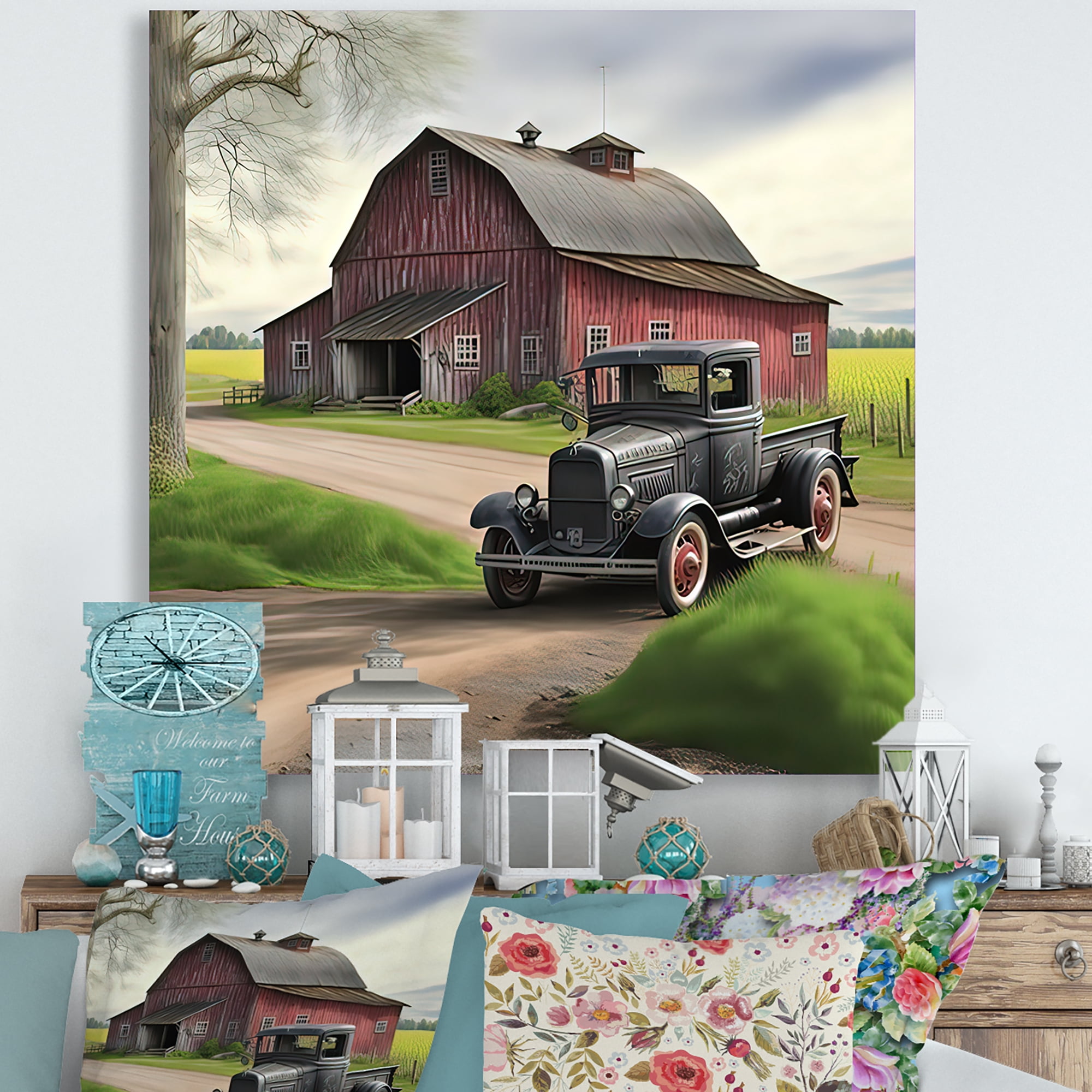 Designart 30S Ford Car In Barn III Canvas Wall Art