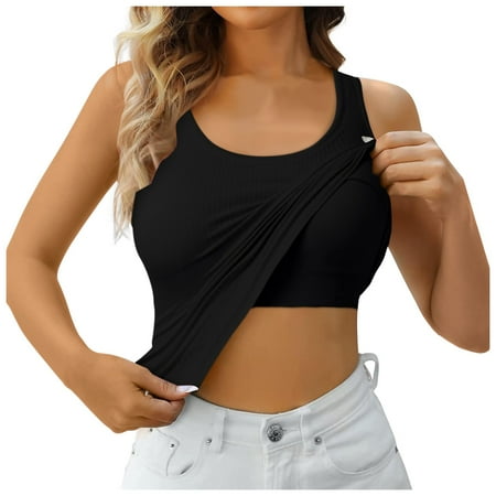ZIZOCWA Womens Tank Tops Workout Slim Fit Womens Solid Color Scoop Neck Tank Tops with Built In Padded Bra Basic Undershirts Workout Tops Black SizeXS