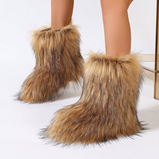 Women's Faux Fur Boot Furry Fluffy Short Snow Boot Mid-Calf Boots