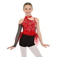 thumbnail image 4 of Aislor Girls Ballet Skirted Bodysuit Sequins Performance Jumpsuit Asymmetrical Latin Jazz Dance Dress Leotard Red 6, 4 of 7