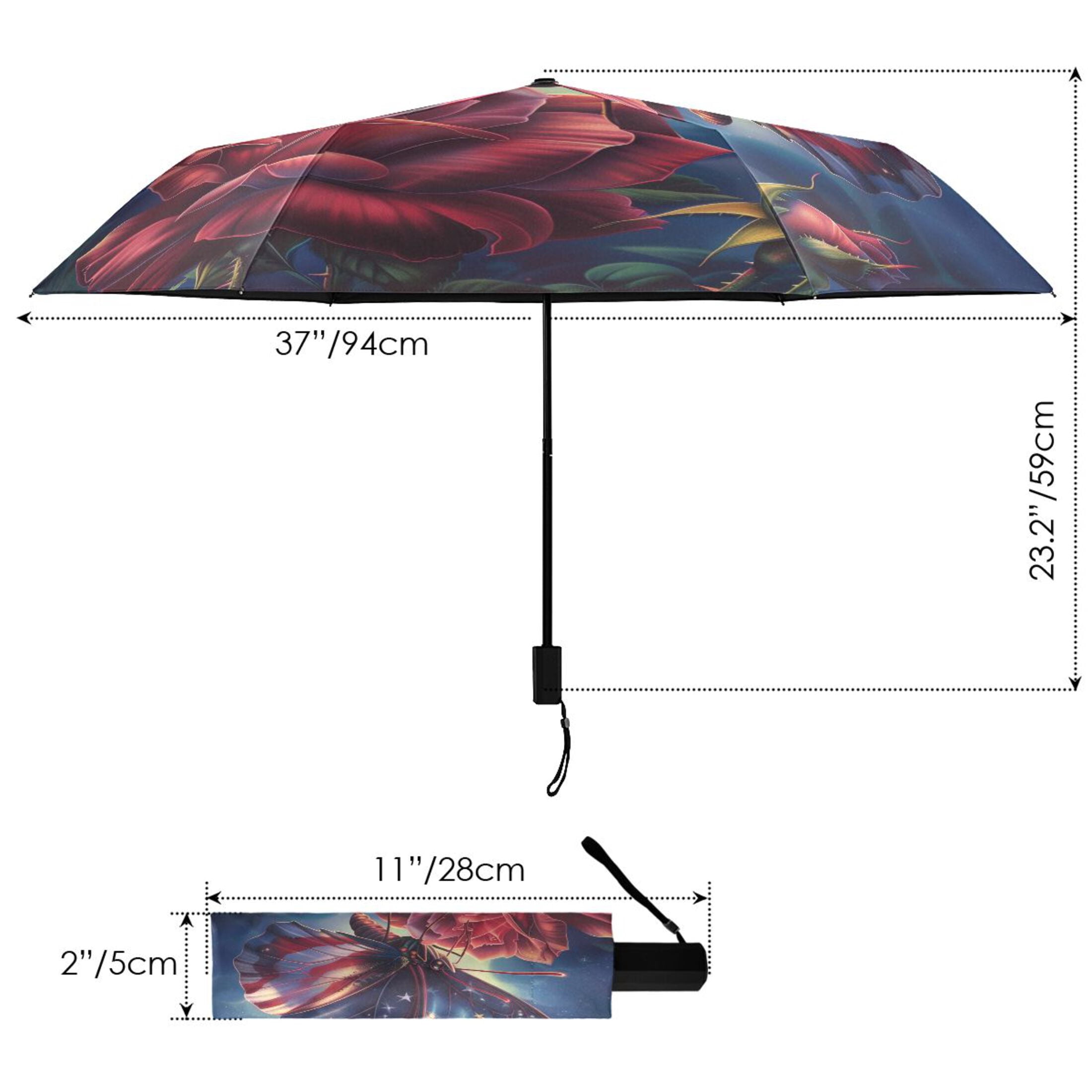Compact Sun Umbrella Windproof Travel Umbrellas for Rain Strong Portable UV Protection American Flag Colored Butterfly with Flower