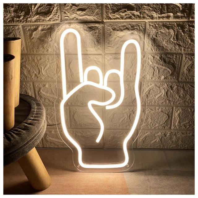 Letrero De Neón "Rock On Hand" Con Gesto Musical. Decoración Para Sala Juegos, Dormitorio, Bar, Estar O Fiesta Cumpleaños Medidas 40x24cm