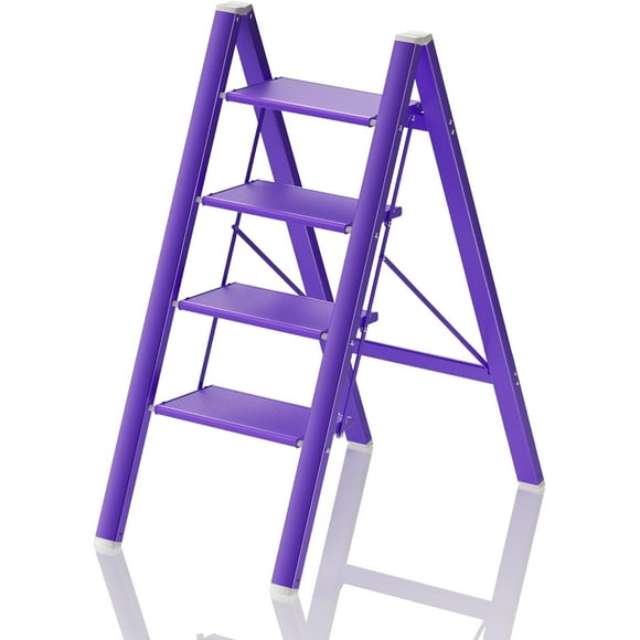 Step Ladder 4 Step Folding Ladders for Adults,Lightweight Aluminum Stepladder,330lbs Capacity Library Kitchen Home Office Purple Step Stool