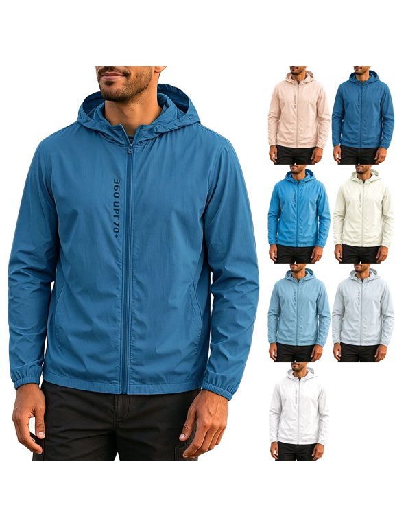 Men's UPF 50+ Sun Protection Athletic Shell Jacket Lightweight Quick Dry Hooded Windbreaker with Zip Pockets for Hiking Fishing Travel, Blue, XS