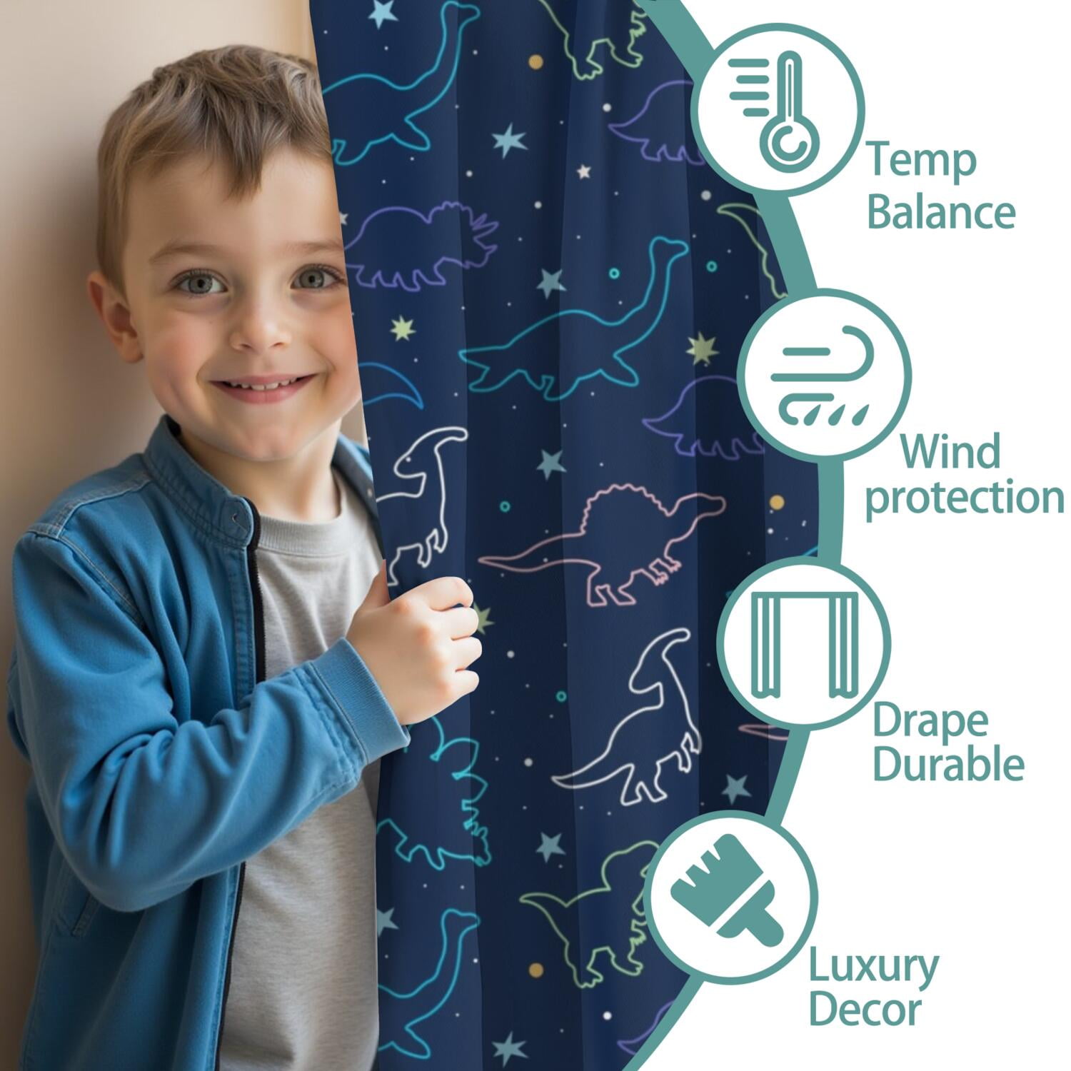 Funny Window Curtains for Kids Room - 42Wx63H Inch 2 Panels, Rod Pocket Colorful Cartoon Dinosaur Patterns for Boys Bedroom Decor Preschool Classroom Curtains Playroom Living Room Window Drapes