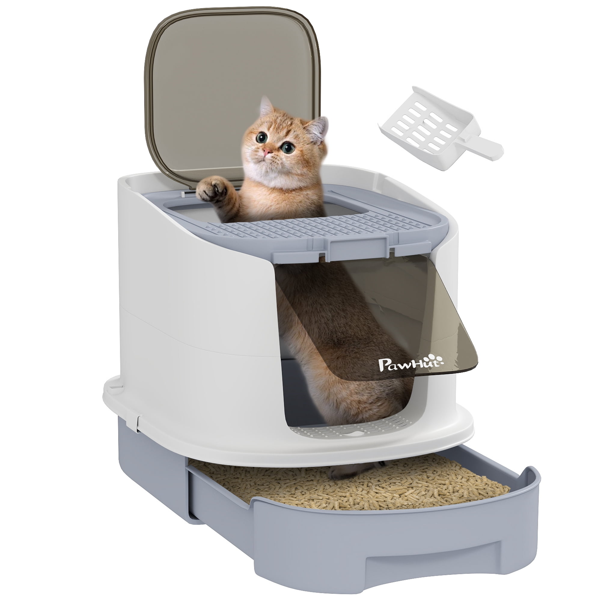 PawHut Cat Litter Box with Lid, Covered Kitty Litter Box Enclosed with Drawer, Scoop, Top Entry, Deodorizing Bags, Easy to Clean, Gray