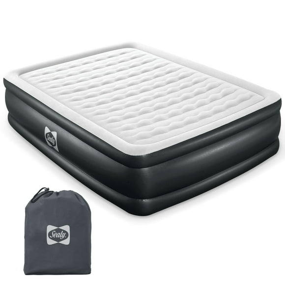 SEALY Tritech - Colchón de aire inflable tamaño queen de 20 pulgadas con bolsa de almacenamiento con bomba incorporada y parche de reparación para uso en interiores y exteriores