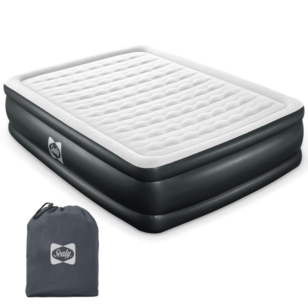 SEALY Tritech - Colchón de aire inflable tamaño queen de 20 pulgadas con bolsa de almacenamiento con bomba incorporada y parche de reparación para uso en interiores y exteriores