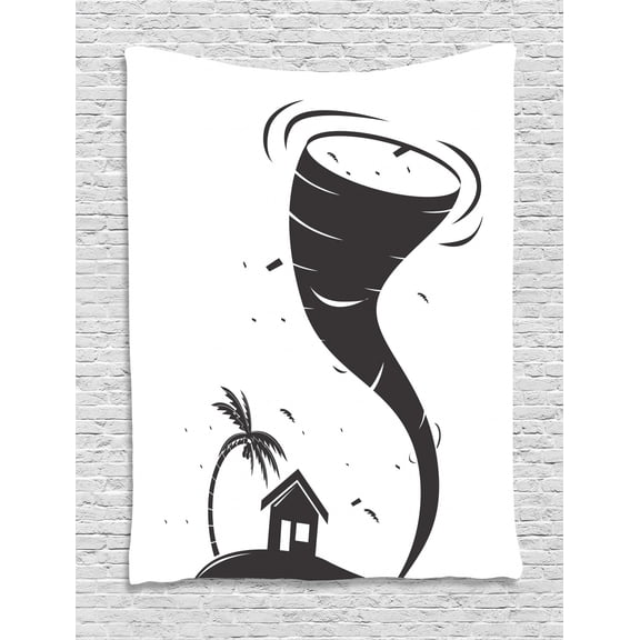 Tornado Tapestry, Hurricane Crashing the Little House Palm Tree Tropical Season Graphic Art, Wall Hanging for Bedroom Living Room Dorm Decor, 60W X 80L Inches, Charcoal Grey White, by Ambesonne