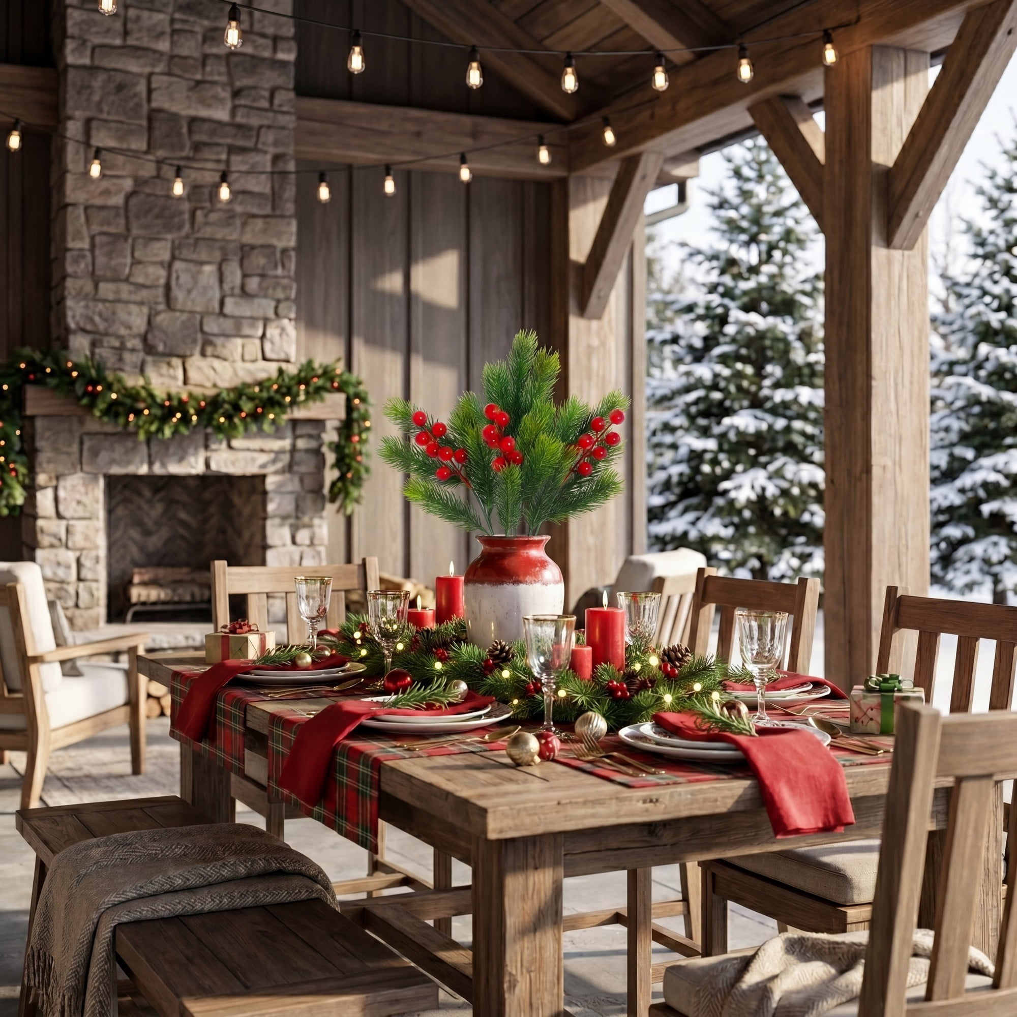 15in. UV Resistant Artificial Christmas Pine and Berries Bush (Indoor/Outdoor) - Set of 3