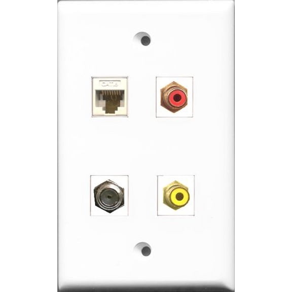 RiteAV 1 Port RCA Red and 1 Port RCA Yellow and 1 Port Coax Cable TV- F-Type and 1 Port Cat6 Ethernet White Wall Plate