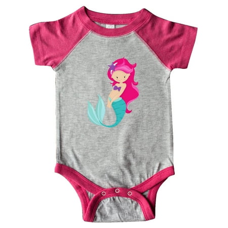 

Inktastic Cute Little Mermaid Pink Hair Purple Sea Star Gift Baby Girl Bodysuit