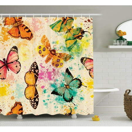 Butterflies Decorations Shower Curtain Set, Watercolors Murk Grungy ...