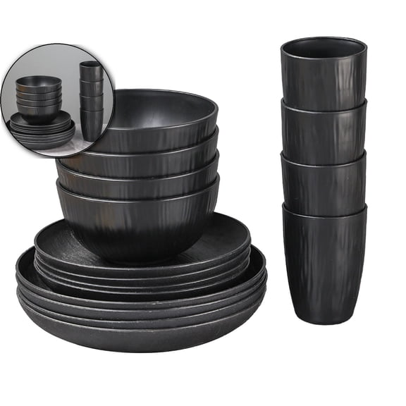 Wheat Straw Dinnerware Sets, 16-Piece Lightweight Plastic Dinnerware Set with Unbreakable Plates, Bowl Set and Cup Set, Dishwasher & Microwave Safe