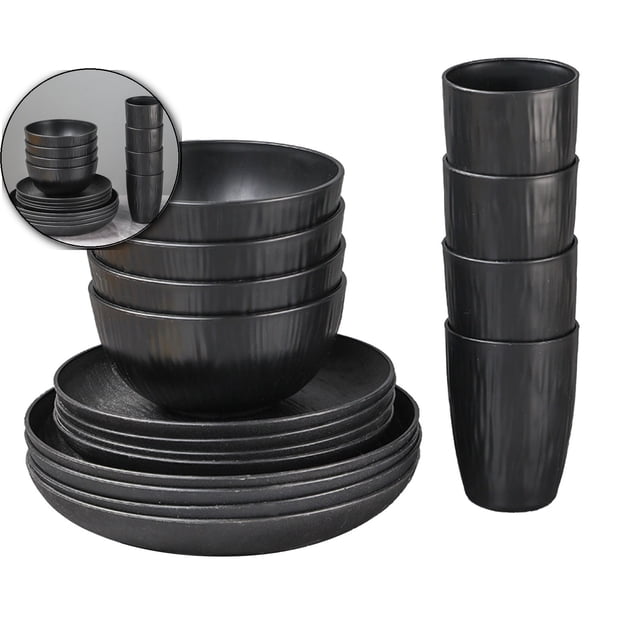 Wheat Straw Dinnerware Sets, 16-Piece Lightweight Plastic Dinnerware Set with Unbreakable Plates, Bowl Set and Cup Set, Dishwasher & Microwave Safe