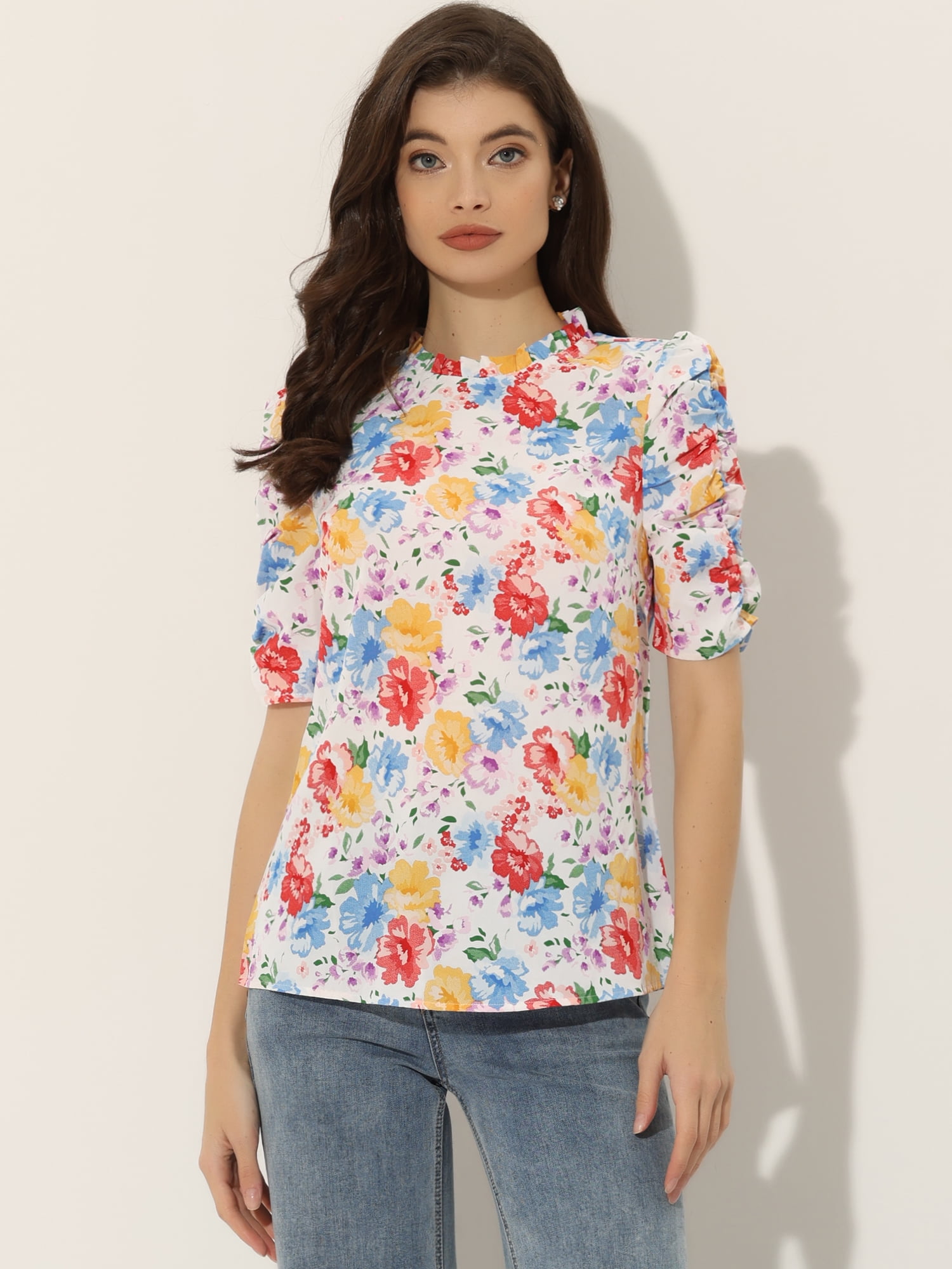 DARING DIVA Floral Ruffle Puff Half Sleeves Chiffon Top S White