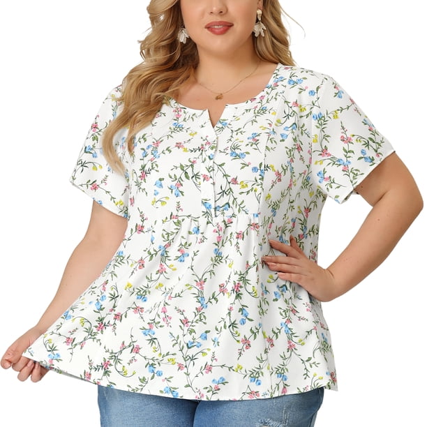 Women's Plus Size Blouse Floral Half Placket Short Sleeve Casual Tops White 1X